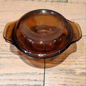 Vintage amber anchor glass cookware w lid
